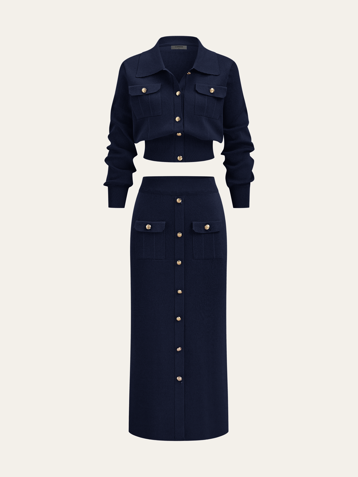 Metallknopf-Geschlossener Cardigan und Midi-Rock Set