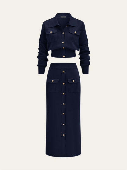 Metallknopf-Geschlossener Cardigan und Midi-Rock Set