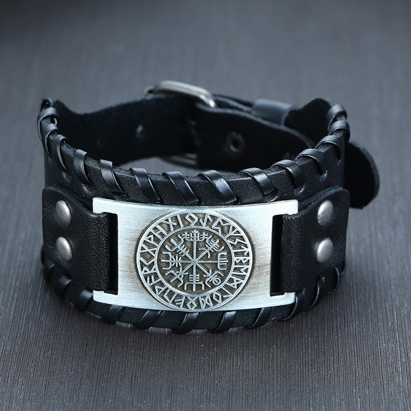 Viking Leder Wickelarmband für Männer - Rock Punk Kompassanhänger, verstellbare Länge Handgelenkschmuck