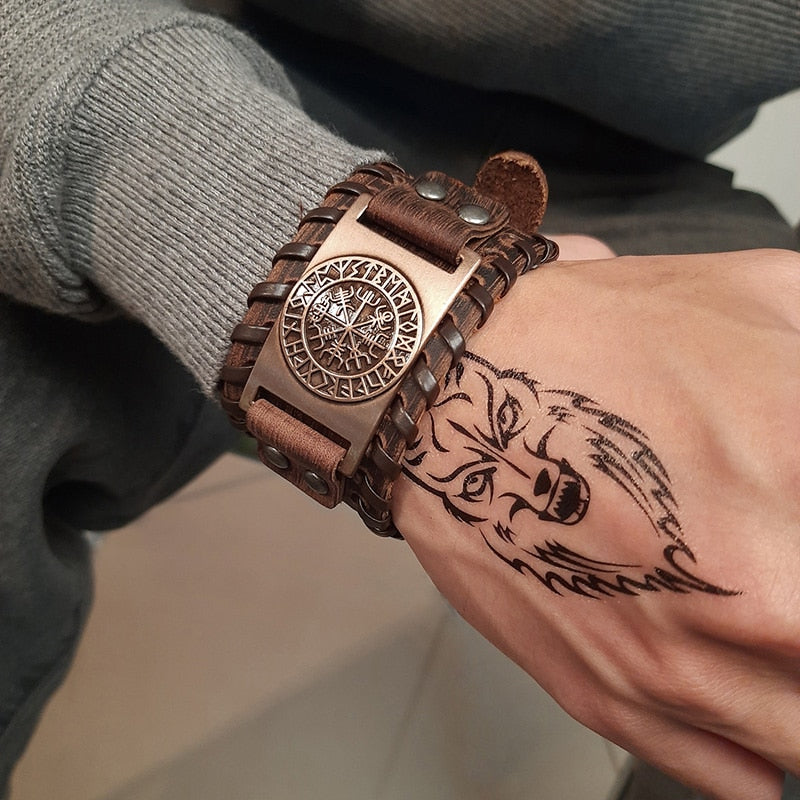 Viking Leder Wickelarmband für Männer - Rock Punk Kompassanhänger, verstellbare Länge Handgelenkschmuck