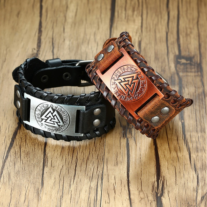 Viking Leder Wickelarmband für Männer - Rock Punk Kompassanhänger, verstellbare Länge Handgelenkschmuck