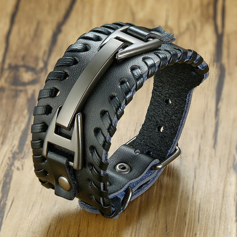 Viking Leder Wickelarmband für Männer - Rock Punk Kompassanhänger, verstellbare Länge Handgelenkschmuck