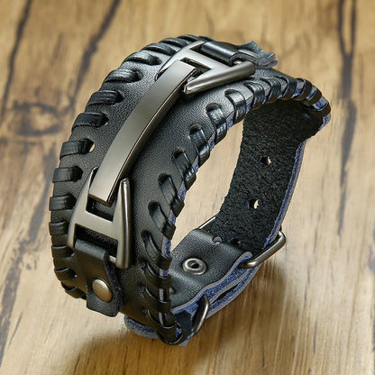Viking Leder Wickelarmband für Männer - Rock Punk Kompassanhänger, verstellbare Länge Handgelenkschmuck