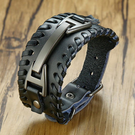 Viking Leder Wickelarmband für Männer - Rock Punk Kompassanhänger, verstellbare Länge Handgelenkschmuck