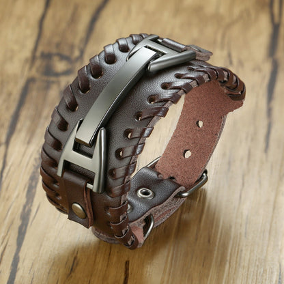 Viking Leder Wickelarmband für Männer - Rock Punk Kompassanhänger, verstellbare Länge Handgelenkschmuck