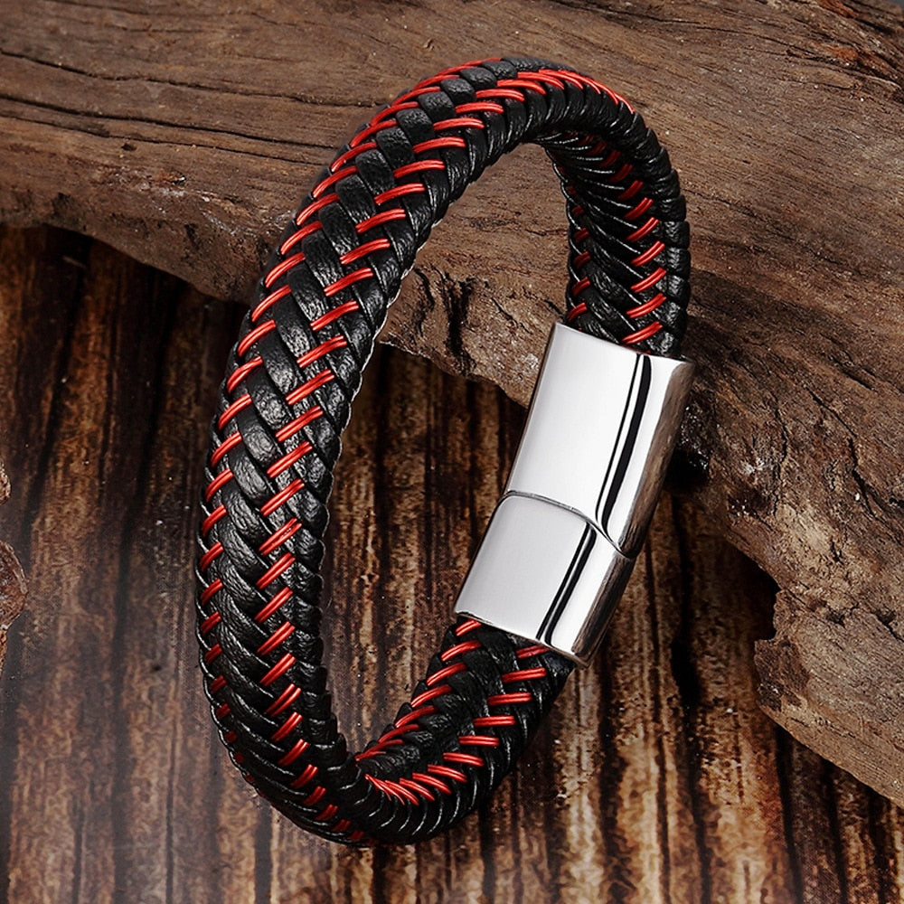 Korallenrotes Leder Geflochtenes Armband - Männer Edelstahl Seil Design