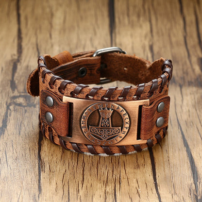 Viking Leder Wickelarmband für Männer - Rock Punk Kompassanhänger, verstellbare Länge Handgelenkschmuck