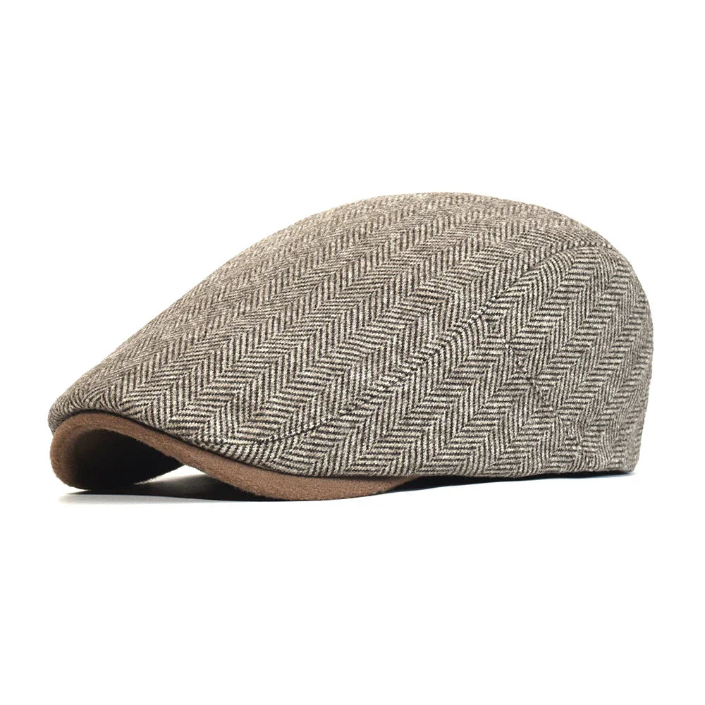 Chester Herringbone Newsboy Cap – Dicke und warme Vintage-Flachkappe mit gestreiftem Muster, verstellbar im Gatsby-Stil für Winterbekleidung