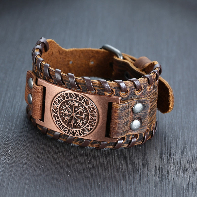Viking Leder Wickelarmband für Männer - Rock Punk Kompassanhänger, verstellbare Länge Handgelenkschmuck