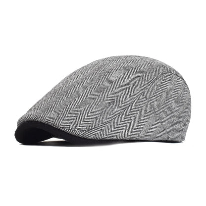 Chester Herringbone Newsboy Cap – Dicke und warme Vintage-Flachkappe mit gestreiftem Muster, verstellbar im Gatsby-Stil für Winterbekleidung