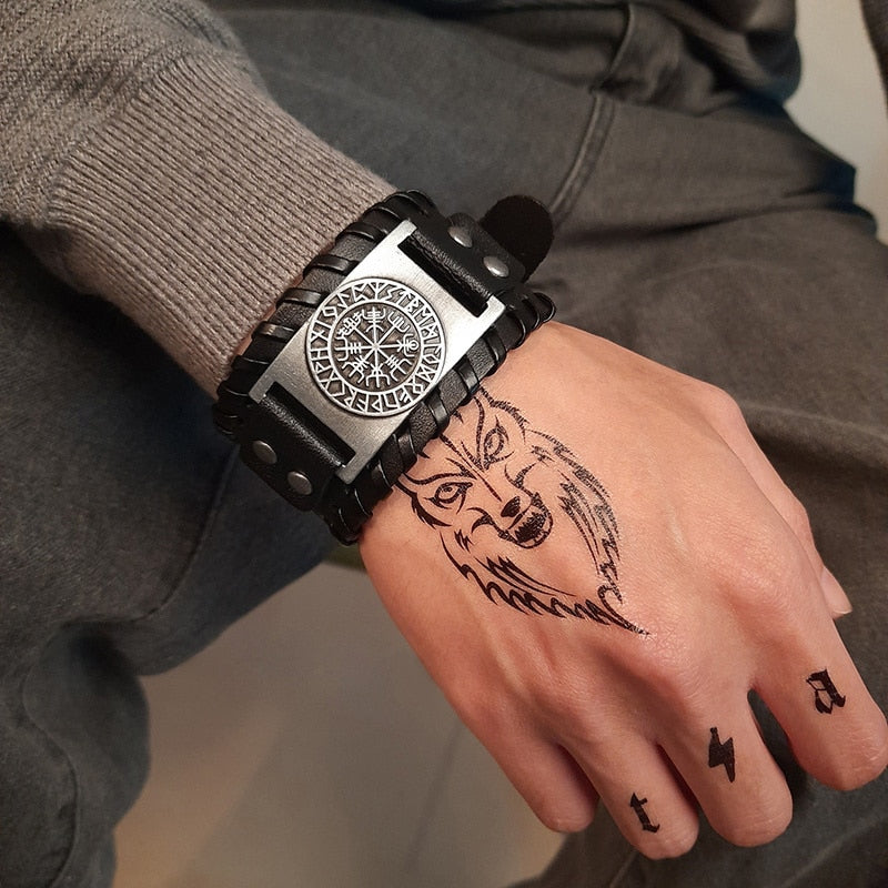 Viking Leder Wickelarmband für Männer - Rock Punk Kompassanhänger, verstellbare Länge Handgelenkschmuck