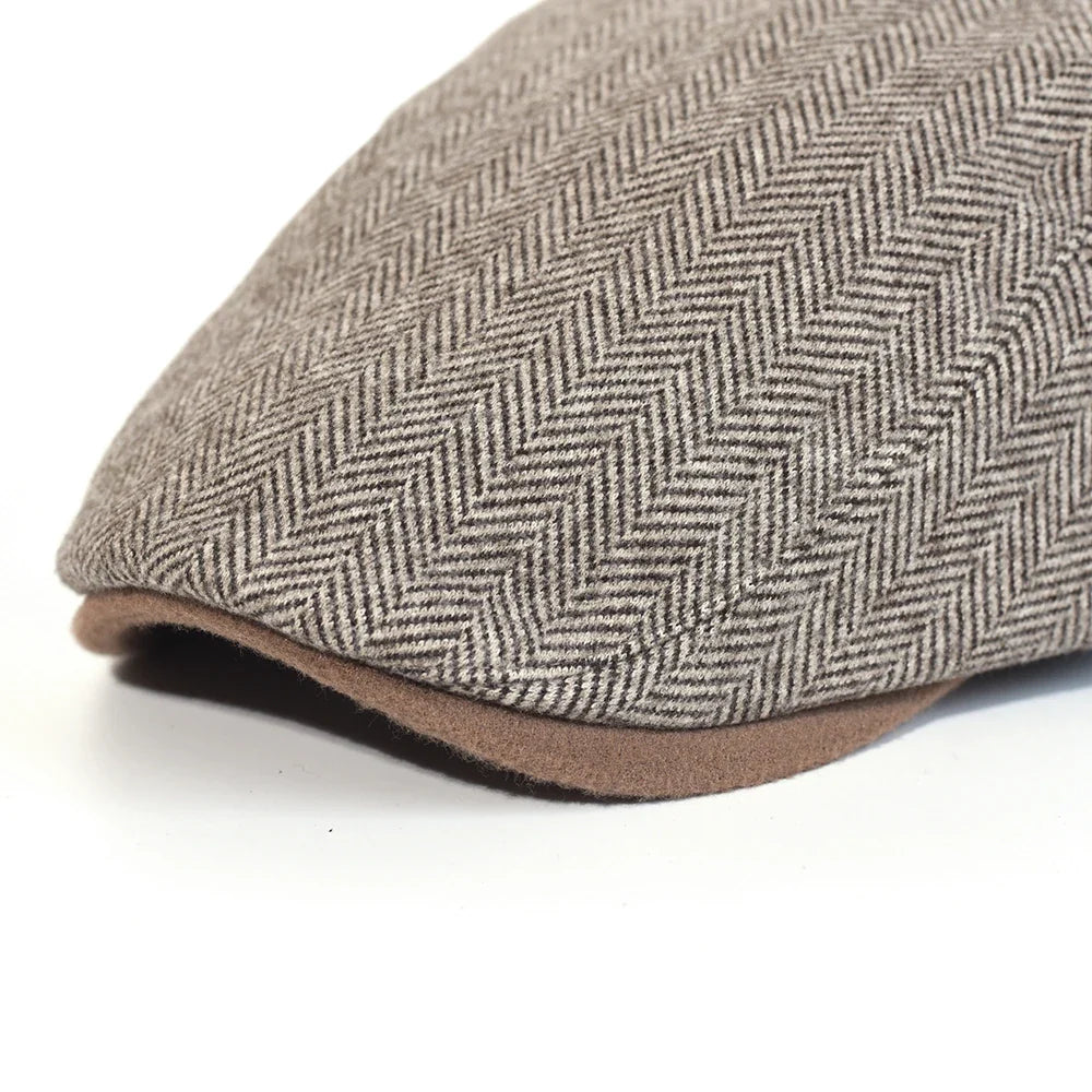 Chester Herringbone Newsboy Cap – Dicke und warme Vintage-Flachkappe mit gestreiftem Muster, verstellbar im Gatsby-Stil für Winterbekleidung