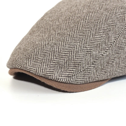 Chester Herringbone Newsboy Cap – Dicke und warme Vintage-Flachkappe mit gestreiftem Muster, verstellbar im Gatsby-Stil für Winterbekleidung
