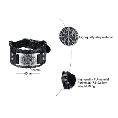 Viking Leder Wickelarmband für Männer - Rock Punk Kompassanhänger, verstellbare Länge Handgelenkschmuck