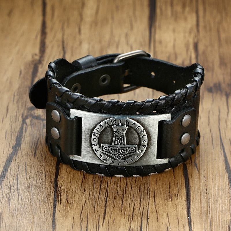 Viking Leder Wickelarmband für Männer - Rock Punk Kompassanhänger, verstellbare Länge Handgelenkschmuck