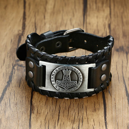 Viking Leder Wickelarmband für Männer - Rock Punk Kompassanhänger, verstellbare Länge Handgelenkschmuck