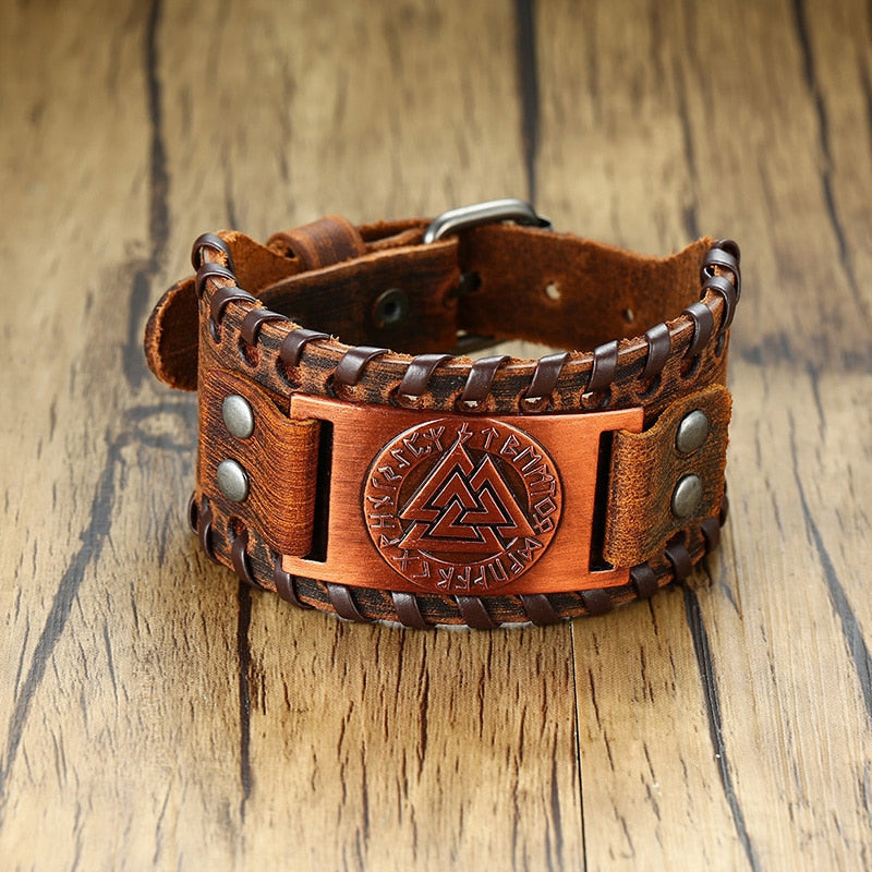 Viking Leder Wickelarmband für Männer - Rock Punk Kompassanhänger, verstellbare Länge Handgelenkschmuck