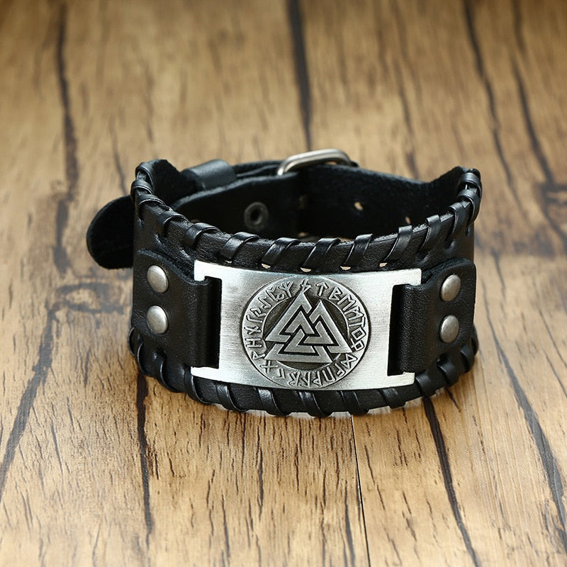 Viking Leder Wickelarmband für Männer - Rock Punk Kompassanhänger, verstellbare Länge Handgelenkschmuck
