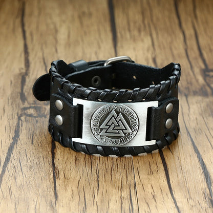 Viking Leder Wickelarmband für Männer - Rock Punk Kompassanhänger, verstellbare Länge Handgelenkschmuck