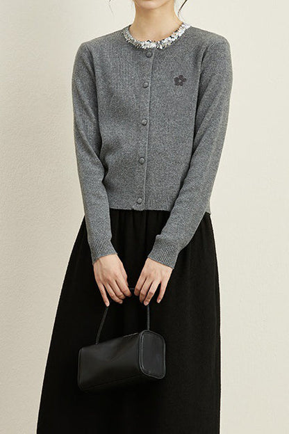 Rundhals-Pailletten-Strickcardigan