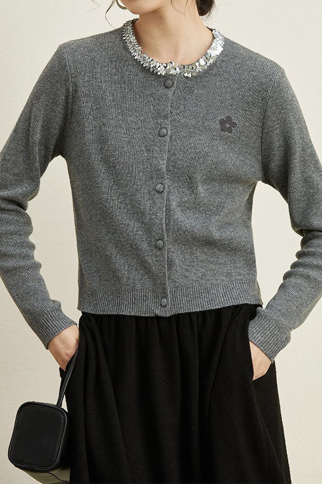 Rundhals-Pailletten-Strickcardigan