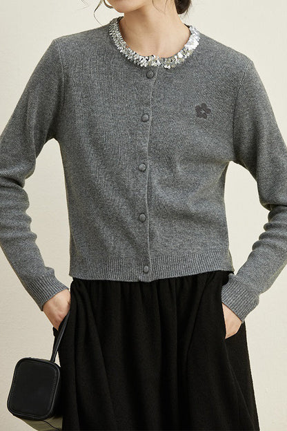 Rundhals-Pailletten-Strickcardigan
