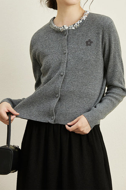 Rundhals-Pailletten-Strickcardigan