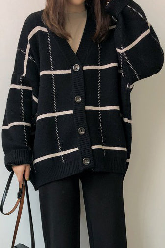 Vintage Plaid Übergroßer Strickcardigan