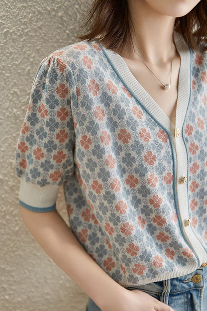 Retro Jacquard V-Ausschnitt Kurzer Strickcardigan