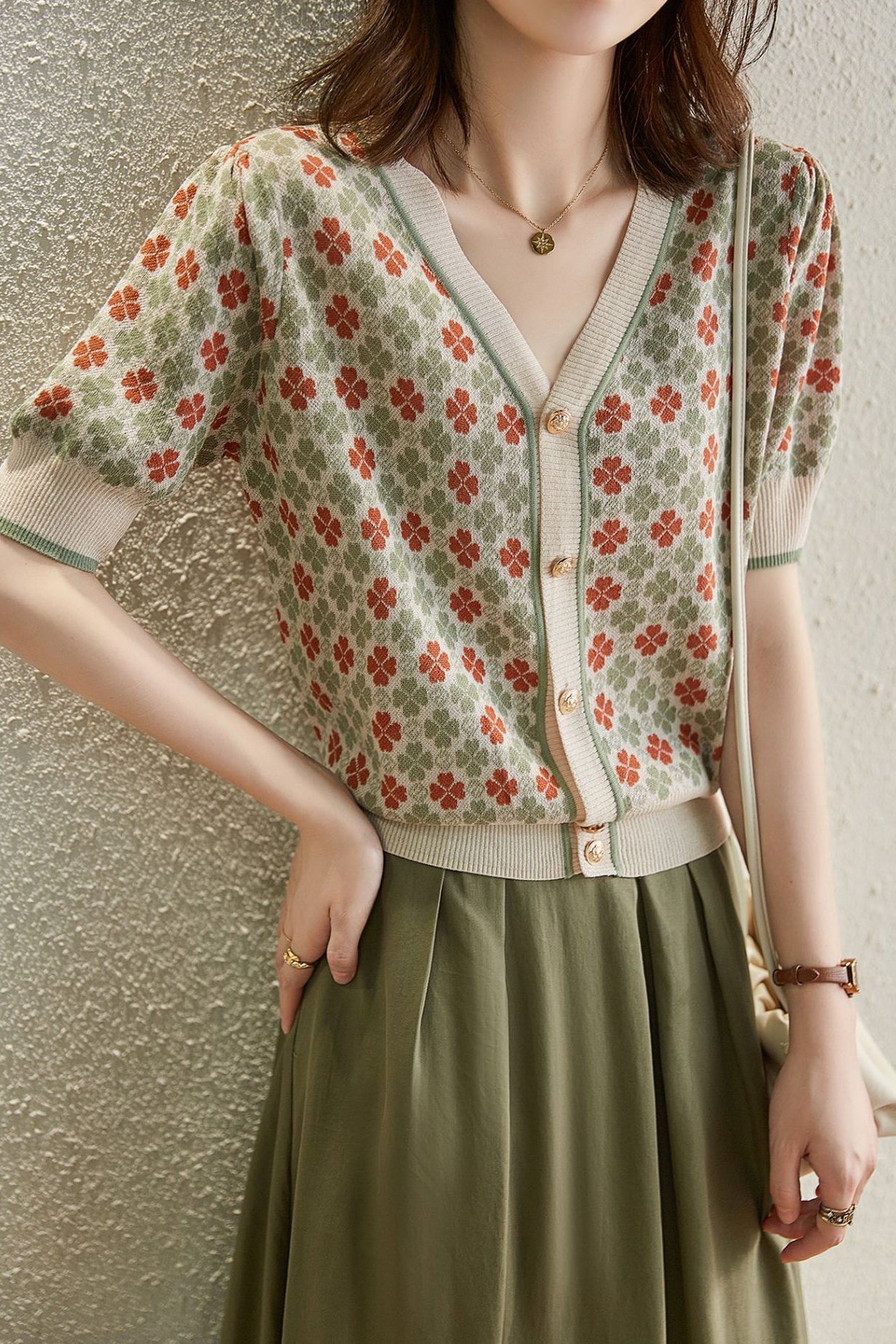 Retro Jacquard V-Ausschnitt Kurzer Strickcardigan