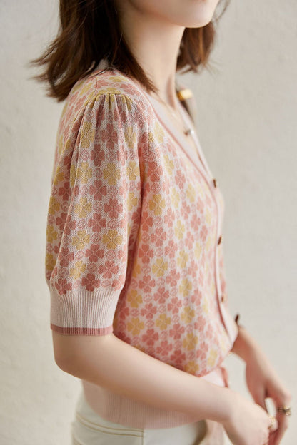 Retro Jacquard V-Ausschnitt Kurzer Strickcardigan