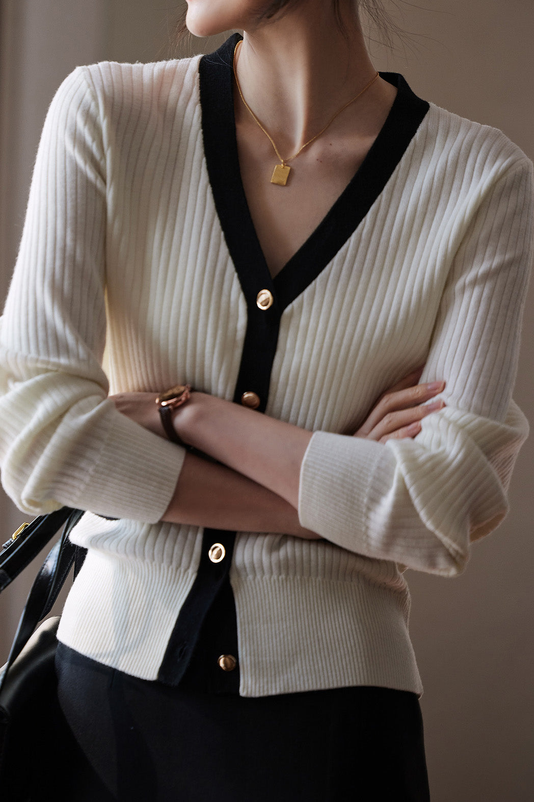 Eleganter Farbblock V-Ausschnitt Strickcardigan für den frühen Herbst