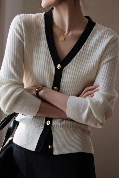 Eleganter Farbblock V-Ausschnitt Strickcardigan für den frühen Herbst