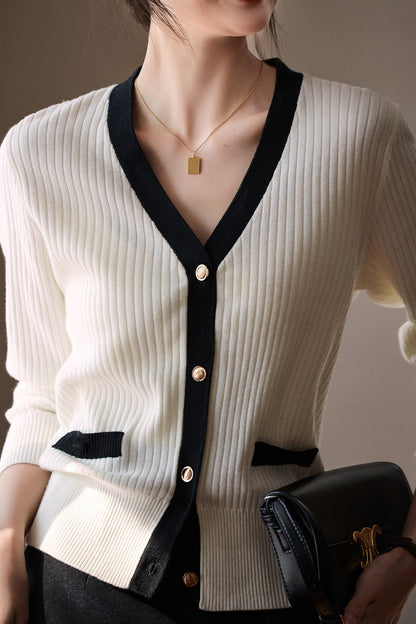 Eleganter Farbblock V-Ausschnitt Strickcardigan für den frühen Herbst