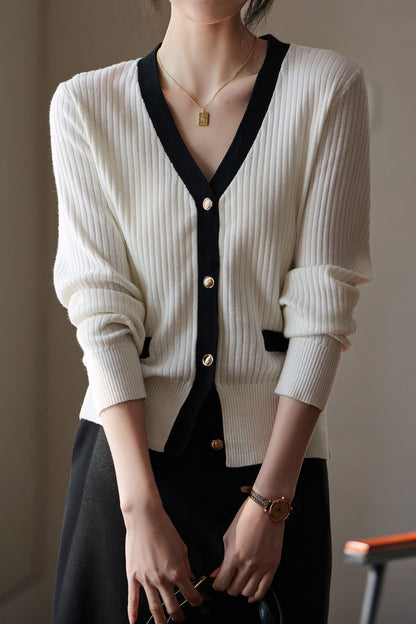 Eleganter Farbblock V-Ausschnitt Strickcardigan für den frühen Herbst