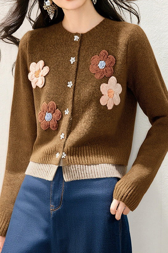 Eleganter Retro 3D Blumen Strick Cardigan