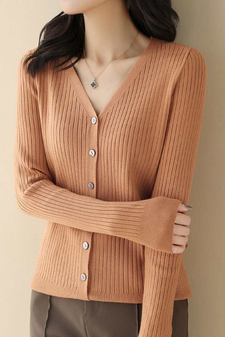 Lässiger V-Ausschnitt Strickcardigan mit einreihigen Knöpfen
