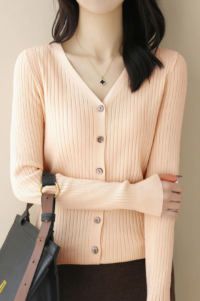 Lässiger V-Ausschnitt Strickcardigan mit einreihigen Knöpfen
