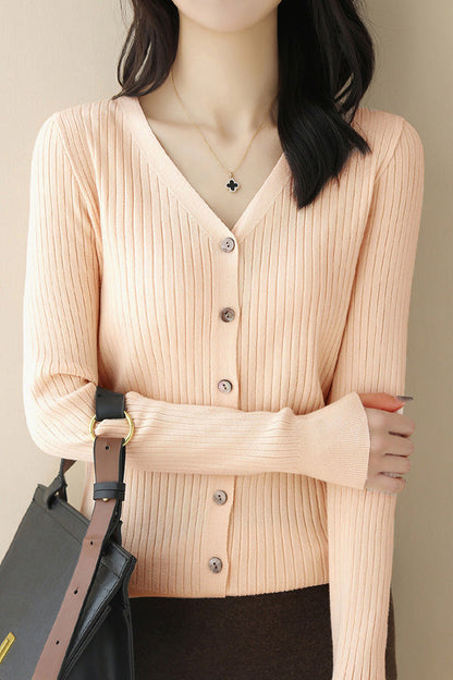 Lässiger V-Ausschnitt Strickcardigan mit einreihigen Knöpfen