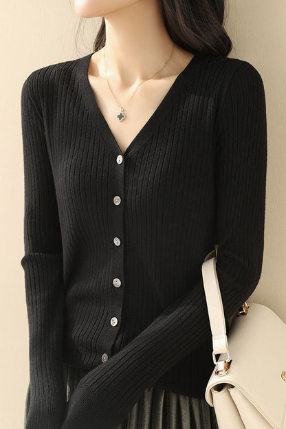 Lässiger V-Ausschnitt Strickcardigan mit einreihigen Knöpfen