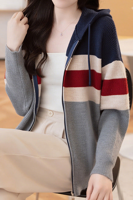 Lässiger, farbblockierter, lockerer Kapuzencardigan