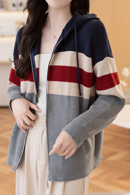 Lässiger, farbblockierter, lockerer Kapuzencardigan