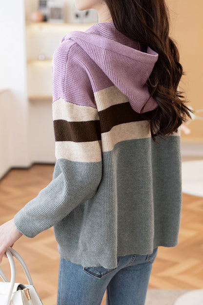 Lässiger, farbblockierter, lockerer Kapuzencardigan