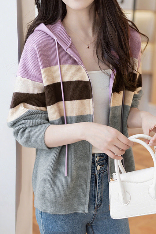 Lässiger, farbblockierter, lockerer Kapuzencardigan