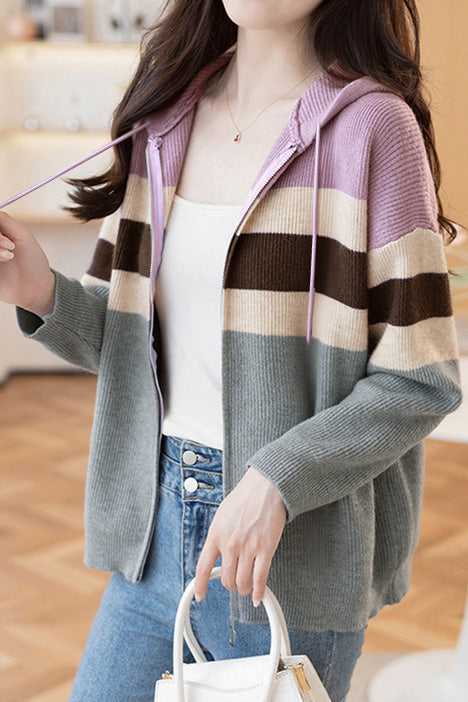Lässiger, farbblockierter, lockerer Kapuzencardigan