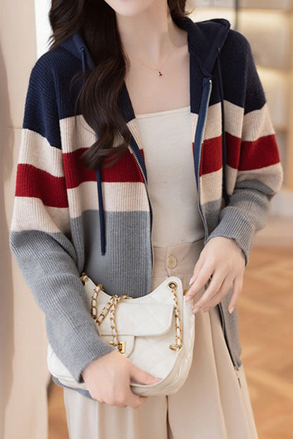 Lässiger, farbblockierter, lockerer Kapuzencardigan