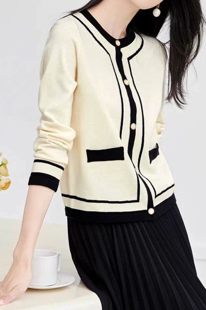 Eleganter lockerer, farbblockierter, einreihiger Knopf-Cardigan mit langen Ärmeln