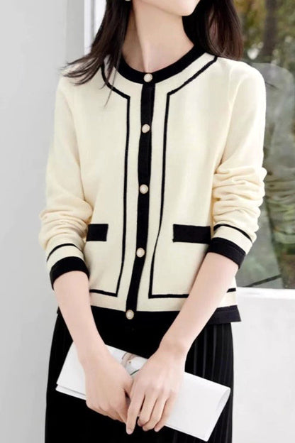 Eleganter lockerer, farbblockierter, einreihiger Knopf-Cardigan mit langen Ärmeln