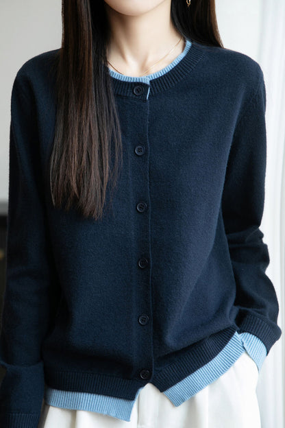 Lässiger Rundhals-Fake-Zweiteiler mit Paneelen Cardigan