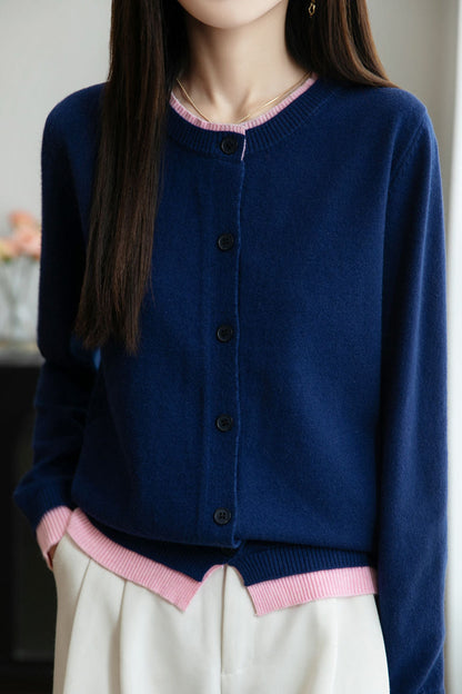 Lässiger Rundhals-Fake-Zweiteiler mit Paneelen Cardigan